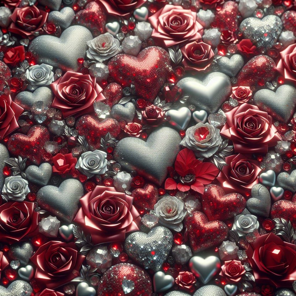 Surreal Disco Roses in Shimmering Silver Hearts