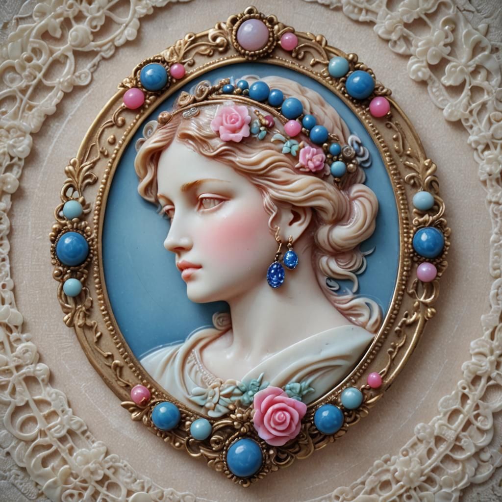 Cameo of Woman with Blue and Pink Beads