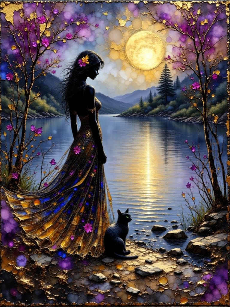 Woman by Lake in Moonlight, Textured Gold Painting