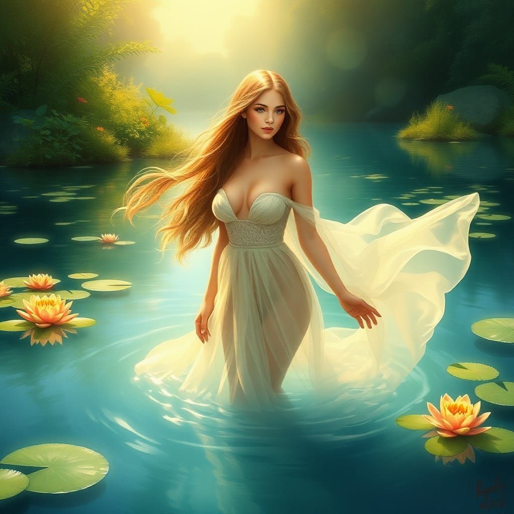 Ethereal Woman in Pond, Fantasy Art Style
