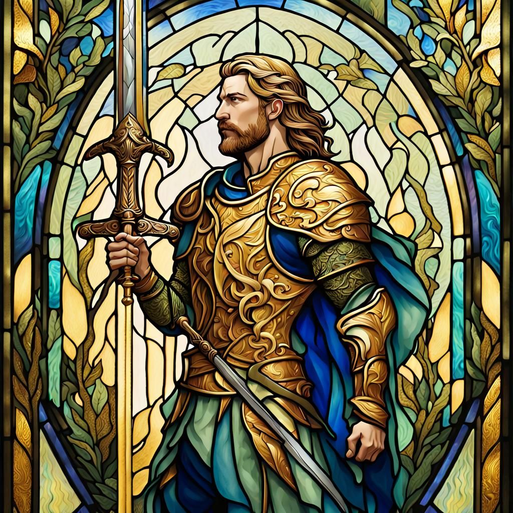 Nordic Warrior Stained Glass Portrait in Art Nouveau Style