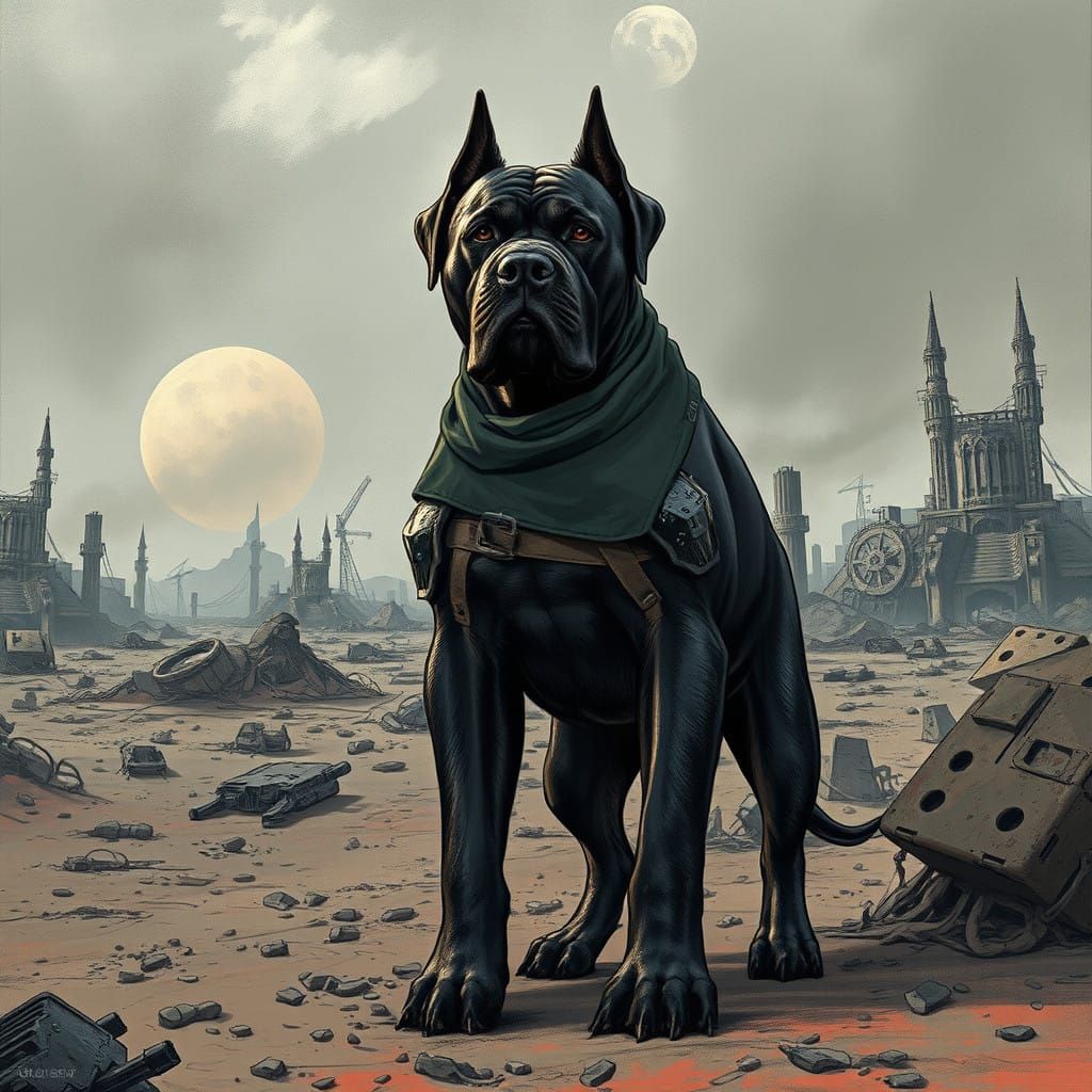 Rugged Post-Apocalyptic Guard Dog in Dark Surrealist Style