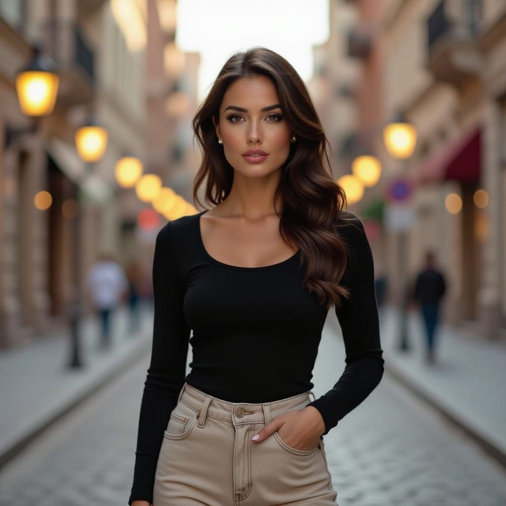 Ethereal Film Still of Woman in Beige Jeans and Black Top