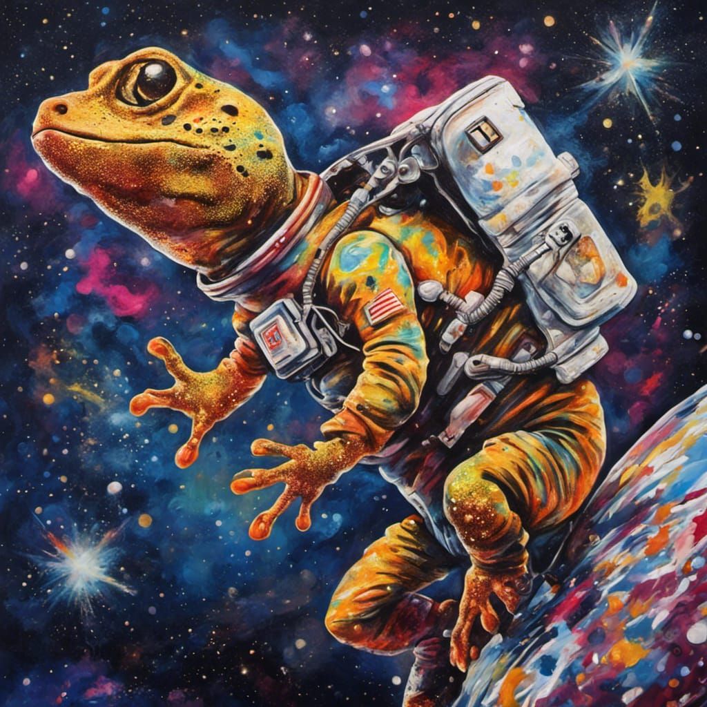 Gecko Astronaut Leaps on Bed in Graffiti Art Style