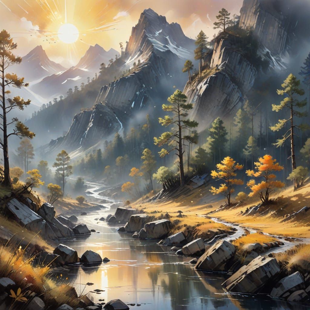 Mountain Vista at Dawn: Watercolour Digital Painting