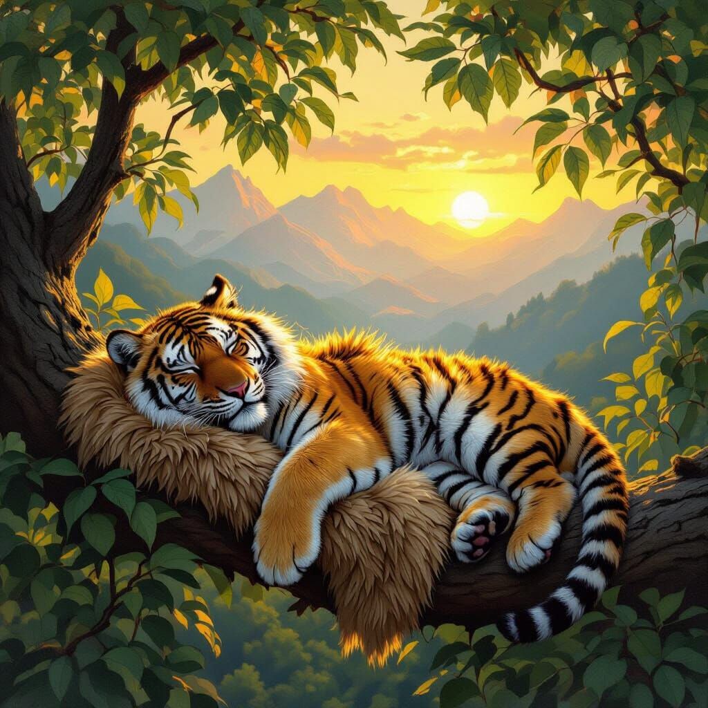 Tiger Sleeping on Tree at Sunrise in Classical Style