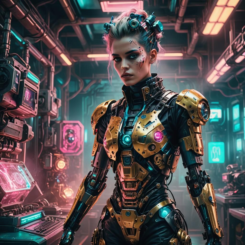 Cyberpunk Frankenstein Model in Futuristic Lab