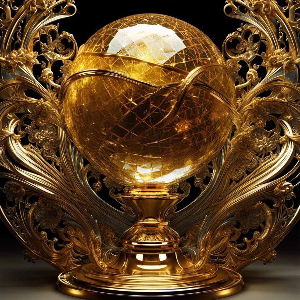 Ornate Golden Trophy with Cracked Glass Sphere
