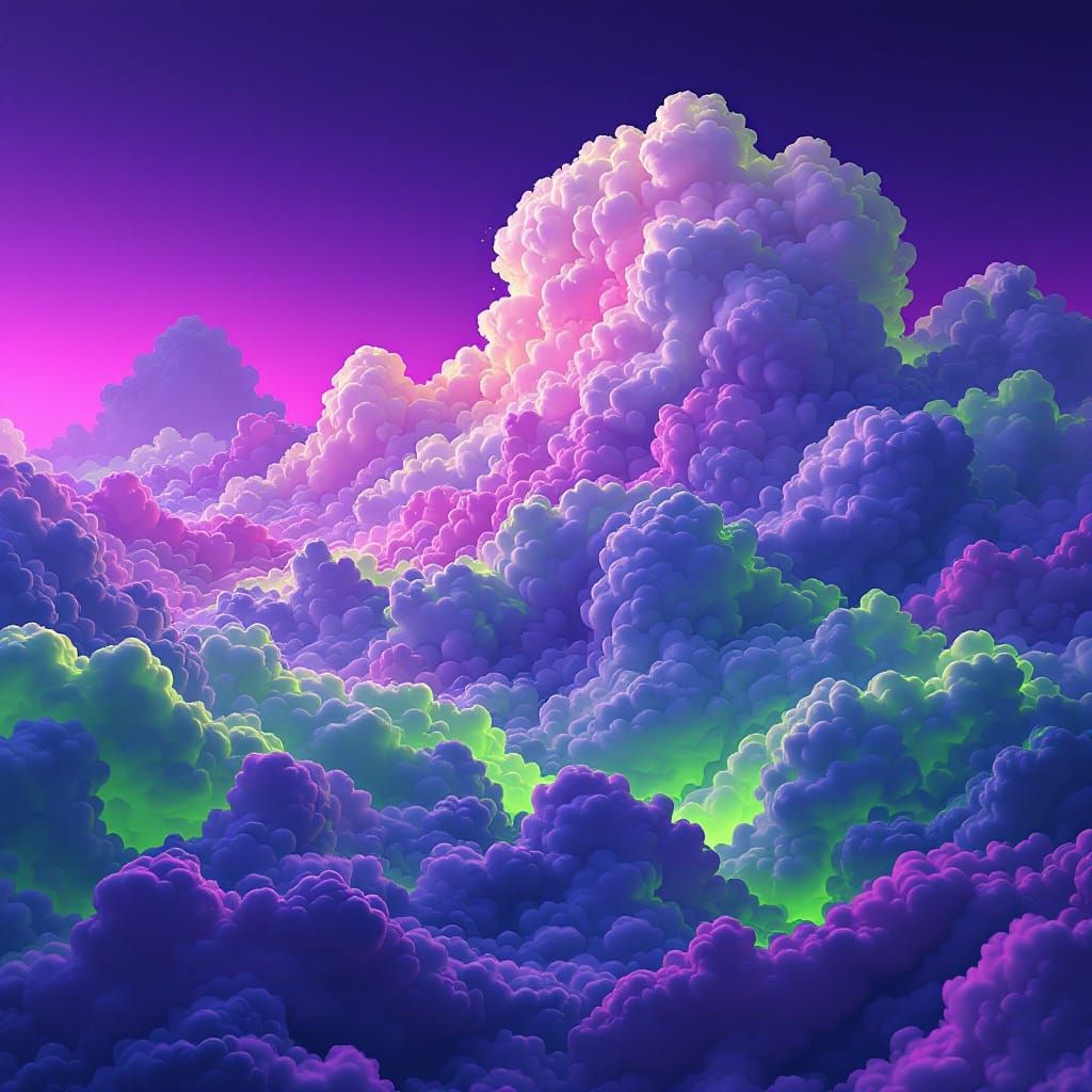Violet and Lime Green Cloudscape in Geometric Futurism