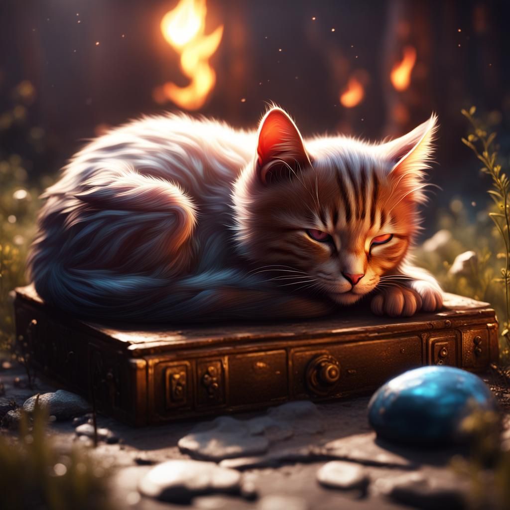 Cat Sleeping by Fireplace: Detailed Digital Painting