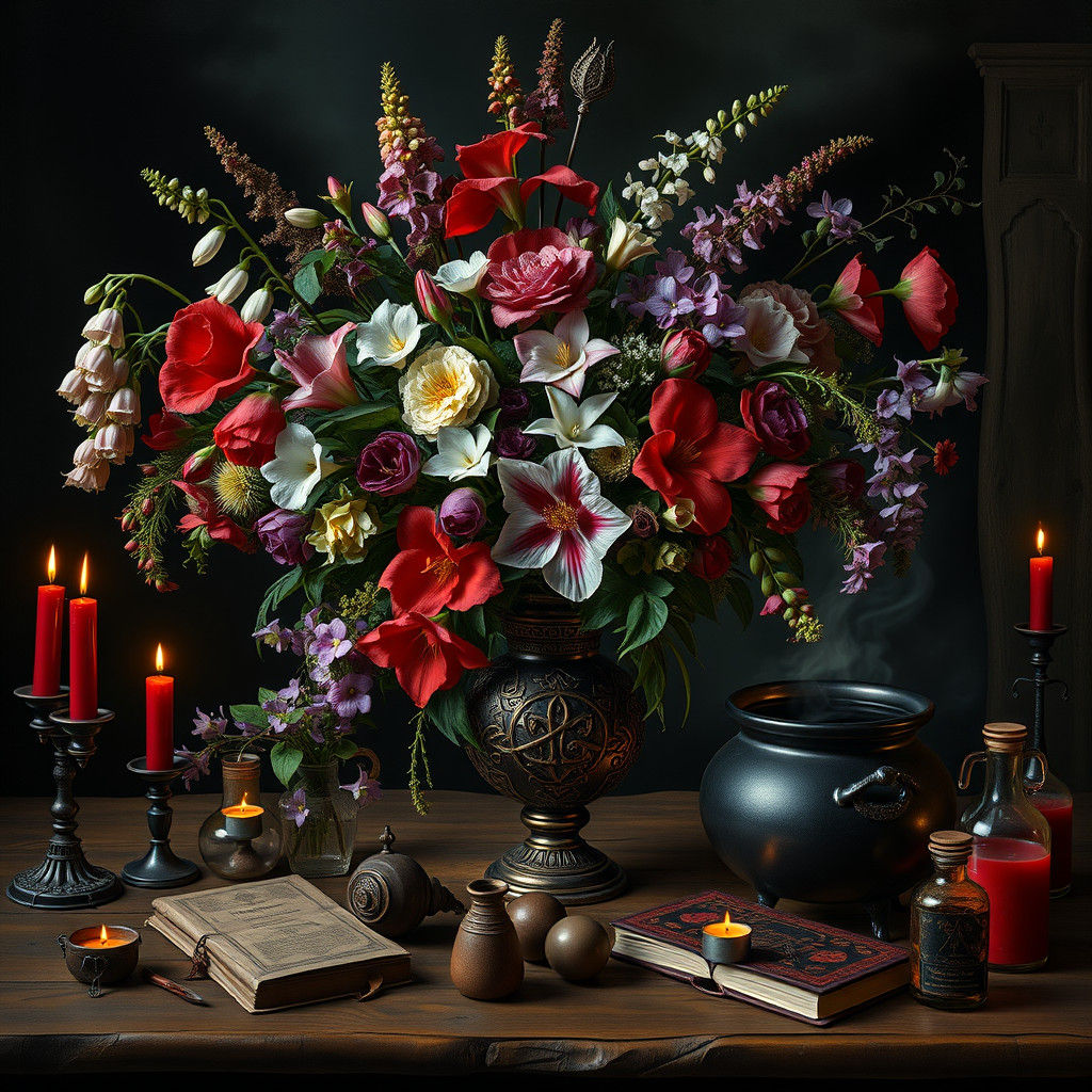 Mystical Still Life with Poisonous Flowers in Dark Romantici...
