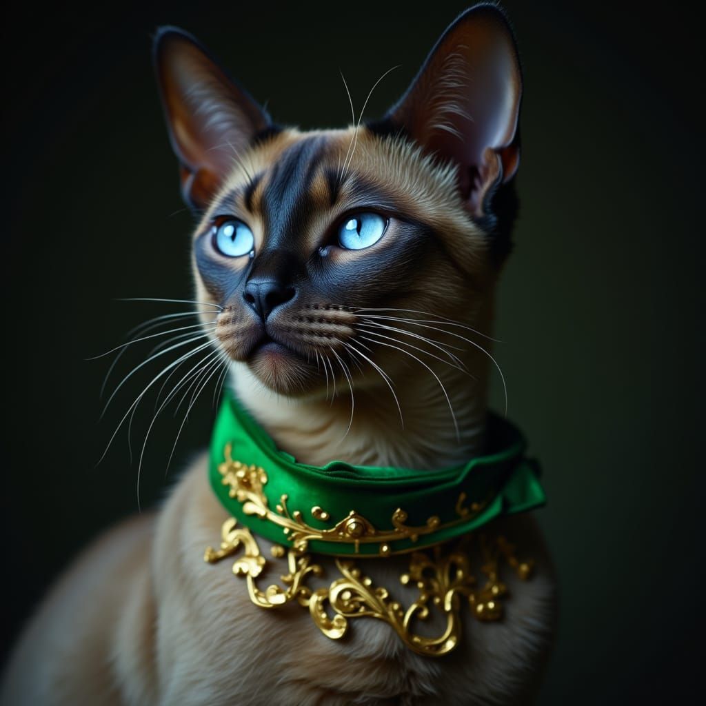 Siamese Cat in Emerald Collar: Hyper-Realistic Studio Portra...
