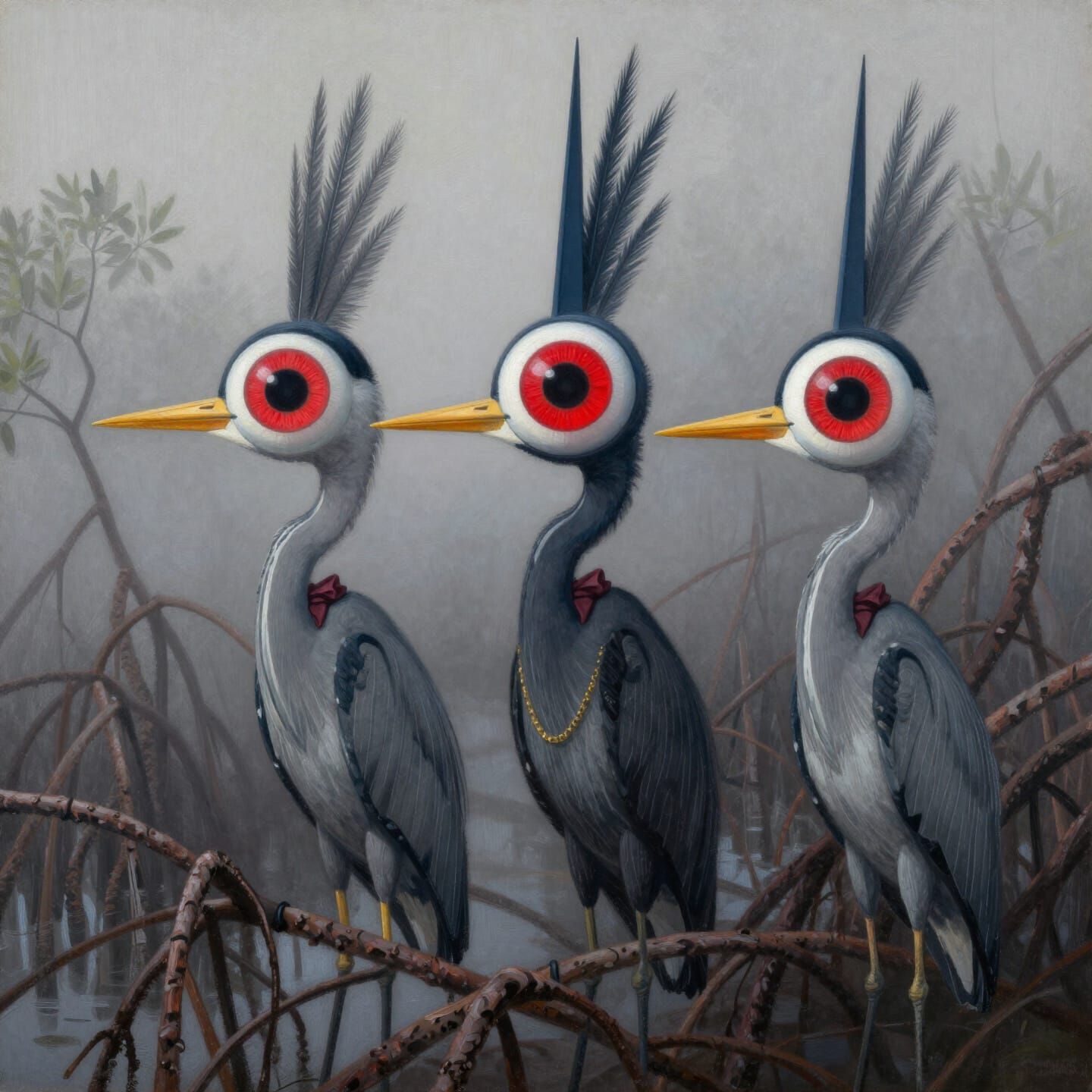 Victorian Herons with Enormous Eyes in Misty Mangroves