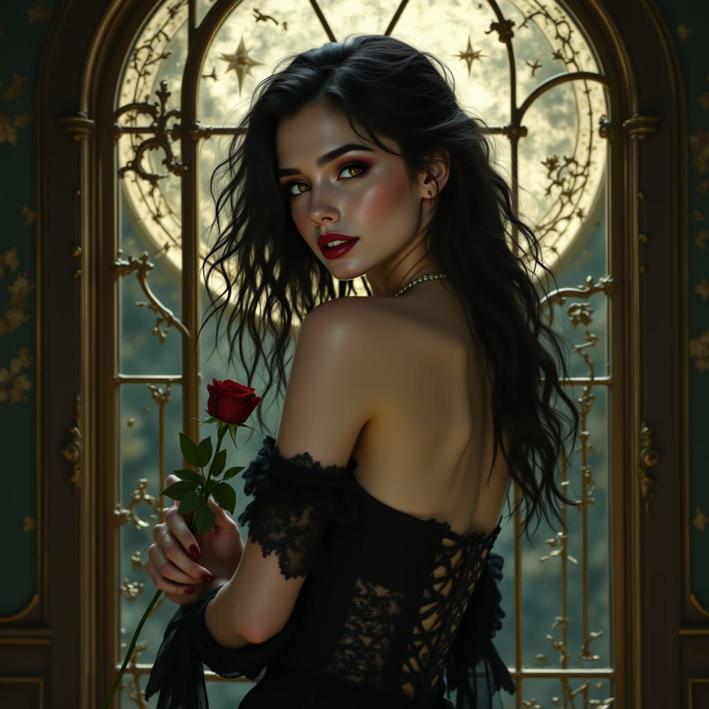 Vampire Woman with Rose by Gothic Archway