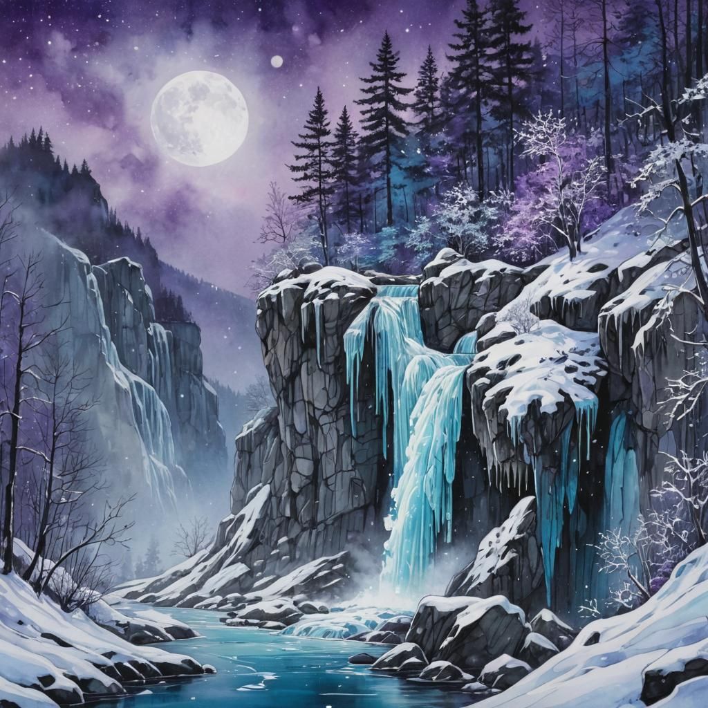 Icy Waterfall in Snowy Forest: Alcohol Ink Illustration