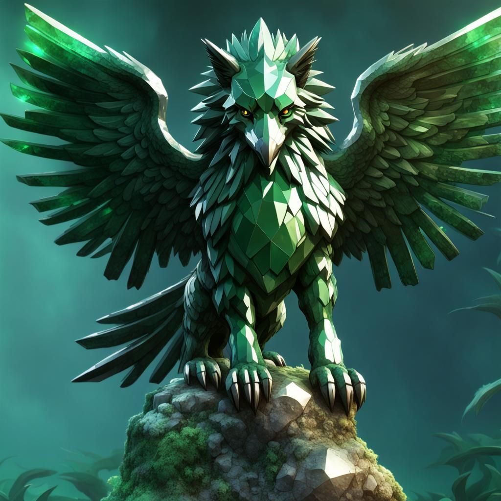Emerald Griffon Holding Gemstone in Anime Style