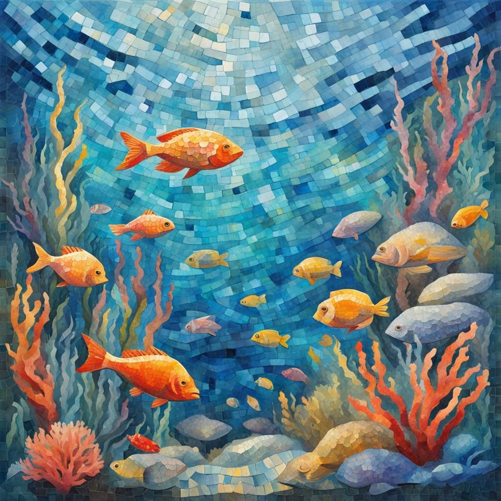 Underwater Mosaic in Gouache and Watercolor Style