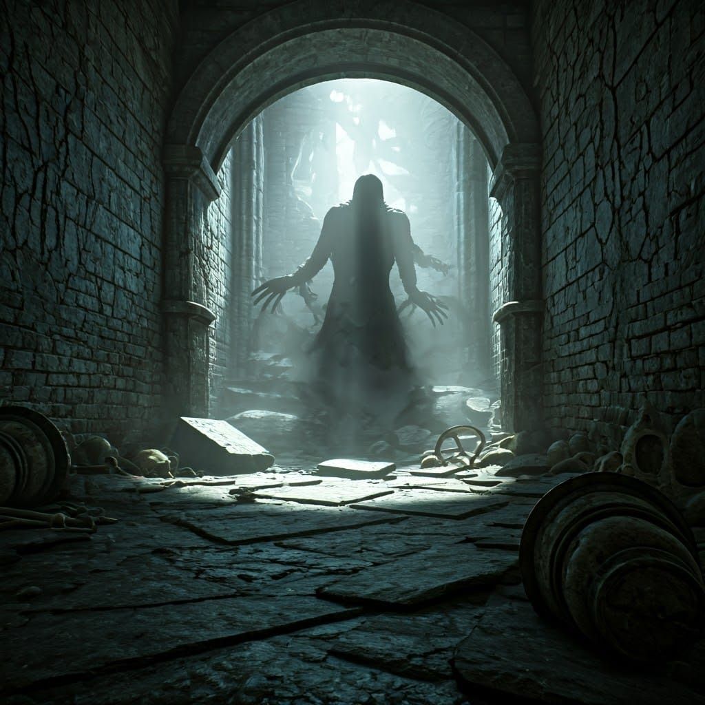 Eerie Underground Chamber with Ancient Relics: 3D Render