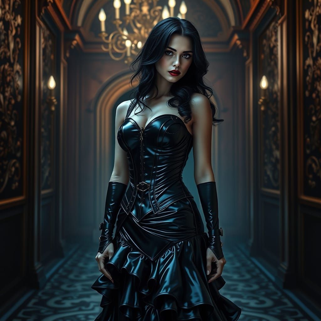 Mysterious, Dark Elegance: Latex Armor Portrait in Baroque S...