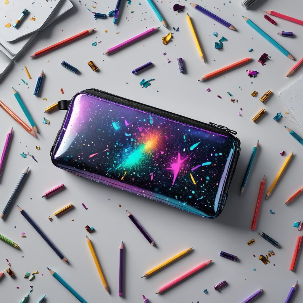 Neon Pencil Case on White Desk: Detailed Matte Painting