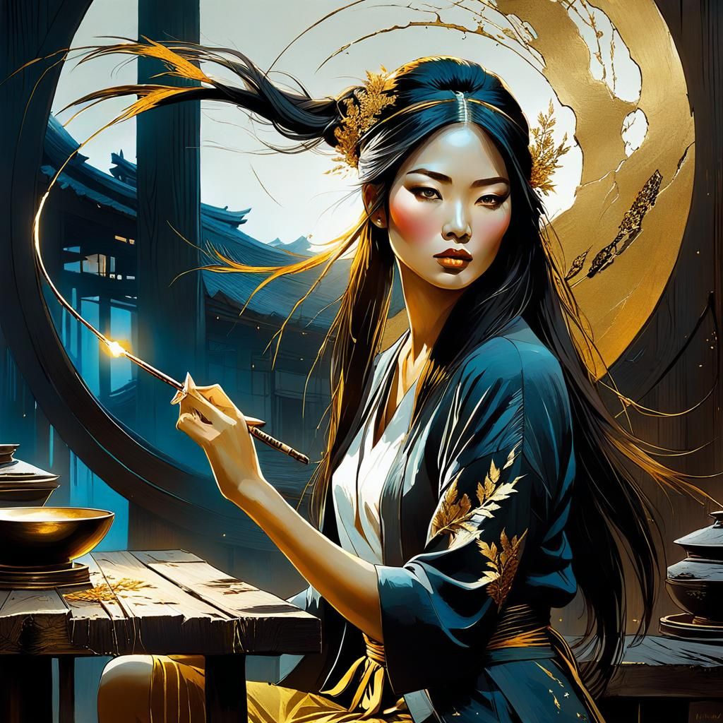 Girl in Wabi-Sabi Style with Gold Cracks