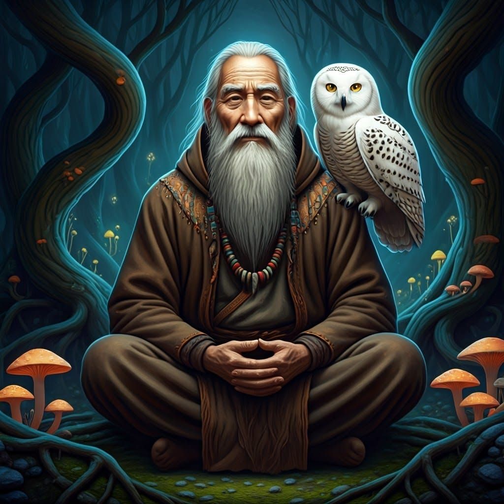 Mystical Shaman in Moonlit Forest Illustration