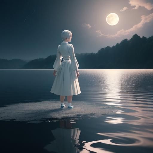 Anime Woman Gazing at Moonlit Lake