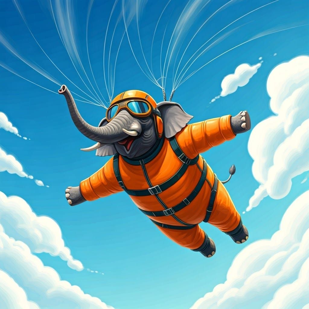 Elephant Skydiving Adventure in Whimsical Illustration Style