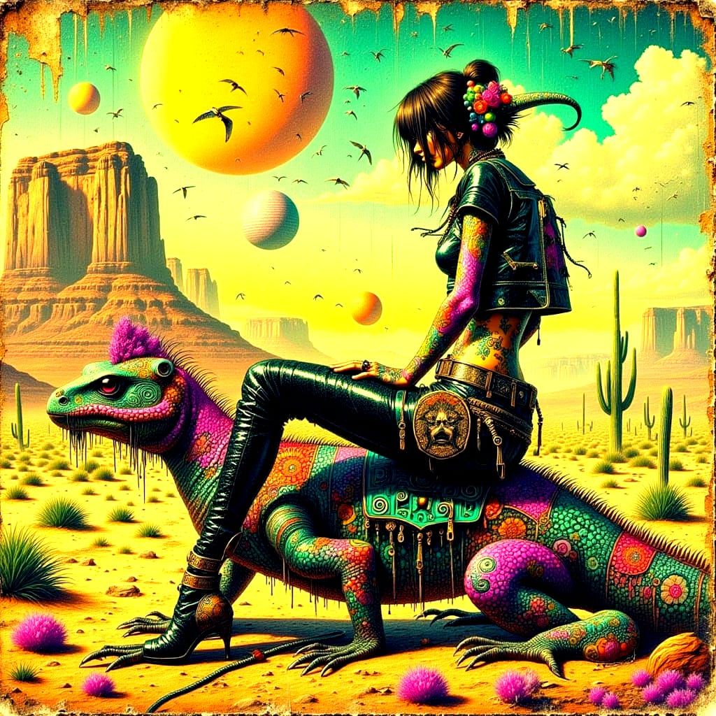 Man Rides Giant Lizard in Nevada Desert, Hippie Style