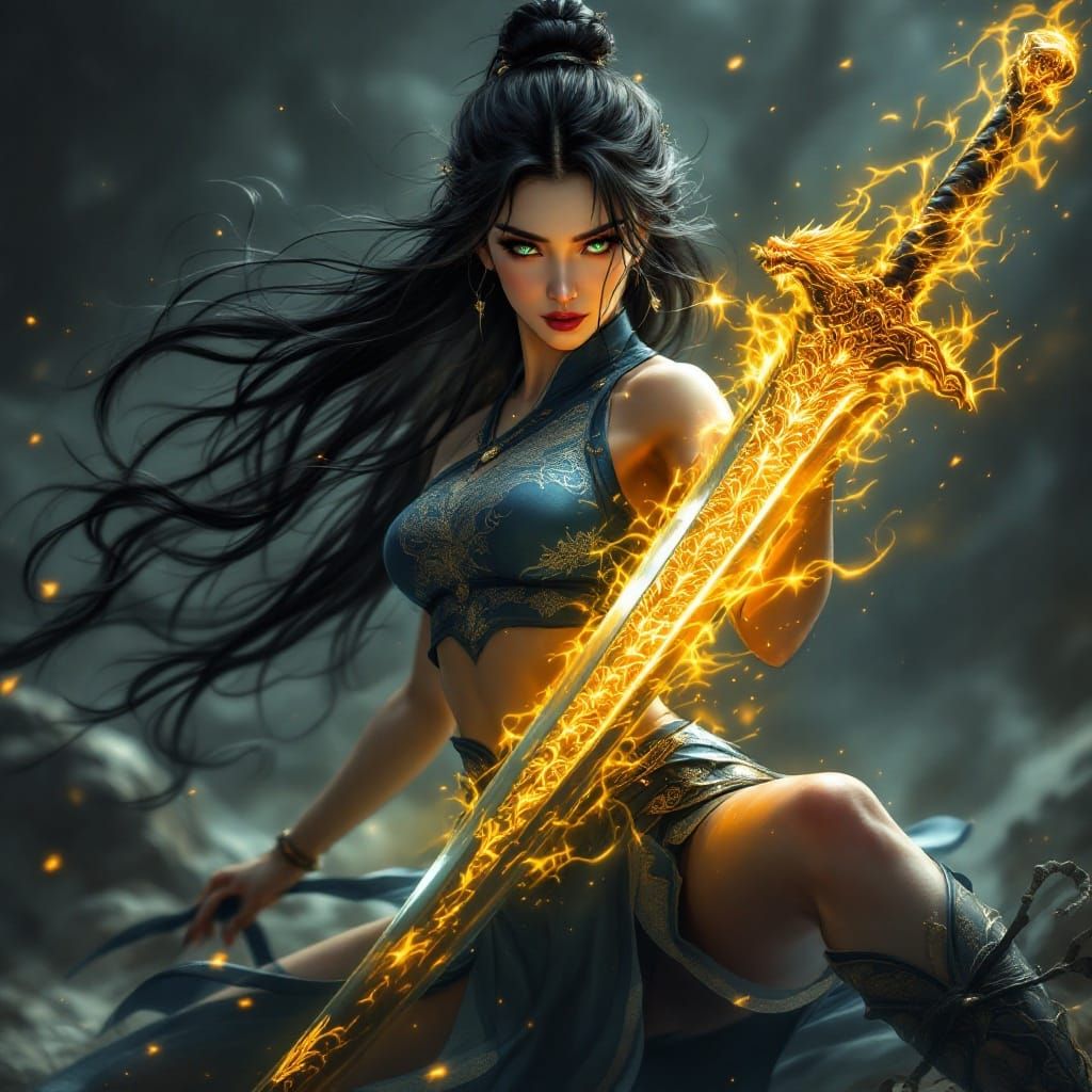 Chinese Woman Portrait with Dragon Sword