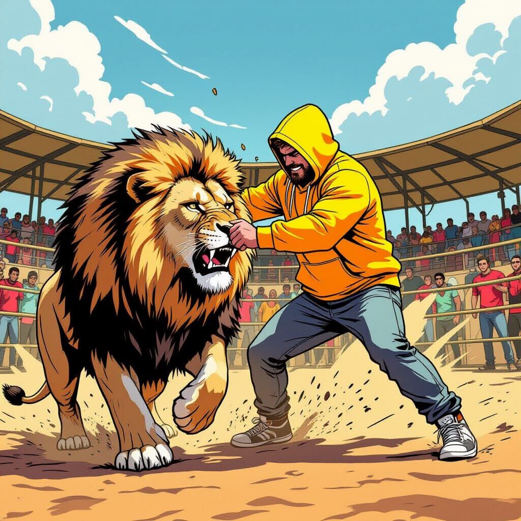 Mr. Beast Wrestles Lion in Comic Book Style Arena
