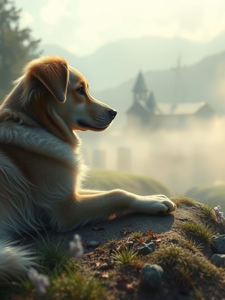 Loyal Dog by Owner's Grave in Ethereal Mist