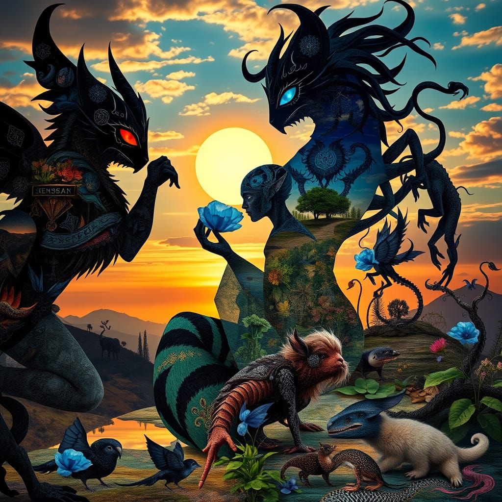 Dreamlike Collage of Mystical Creatures in Vibrant Sunset