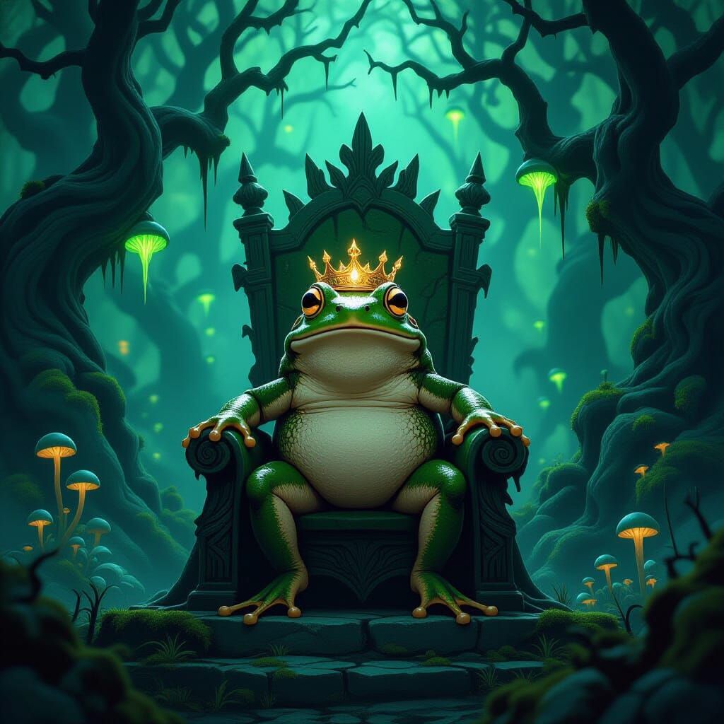 Regal Frog King in Dark Fantasy Forest