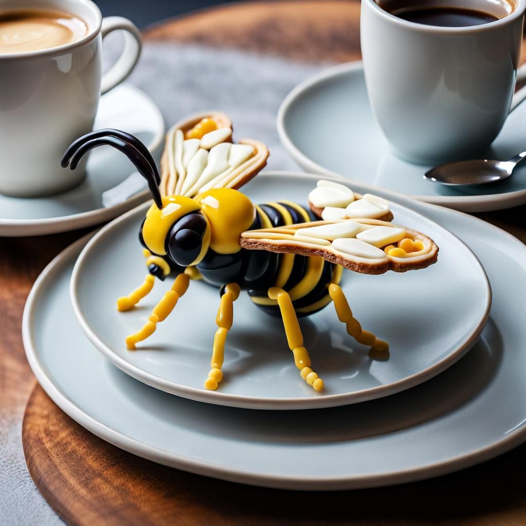 Wasp Pastry Sculpture with Coffee: Vibrant Close-Up