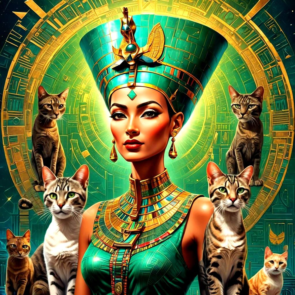 "the beautiful Egyptian queen Nefertiti and her cats 8k reso...