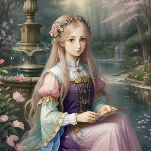 Happy Fairy at Fountain in Watercolour Style