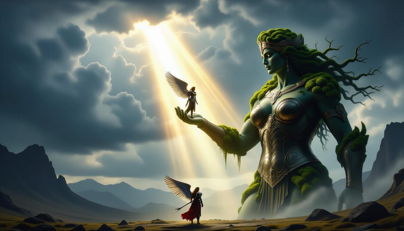 Gaia Holds Defeated Valkyrie Under Divine Light