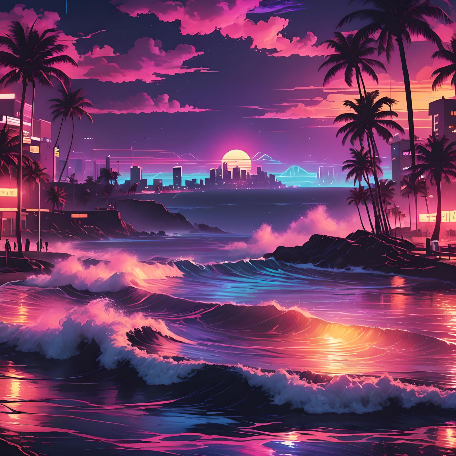 Synthwave Beachfront Cityscape in Neon Retro Style