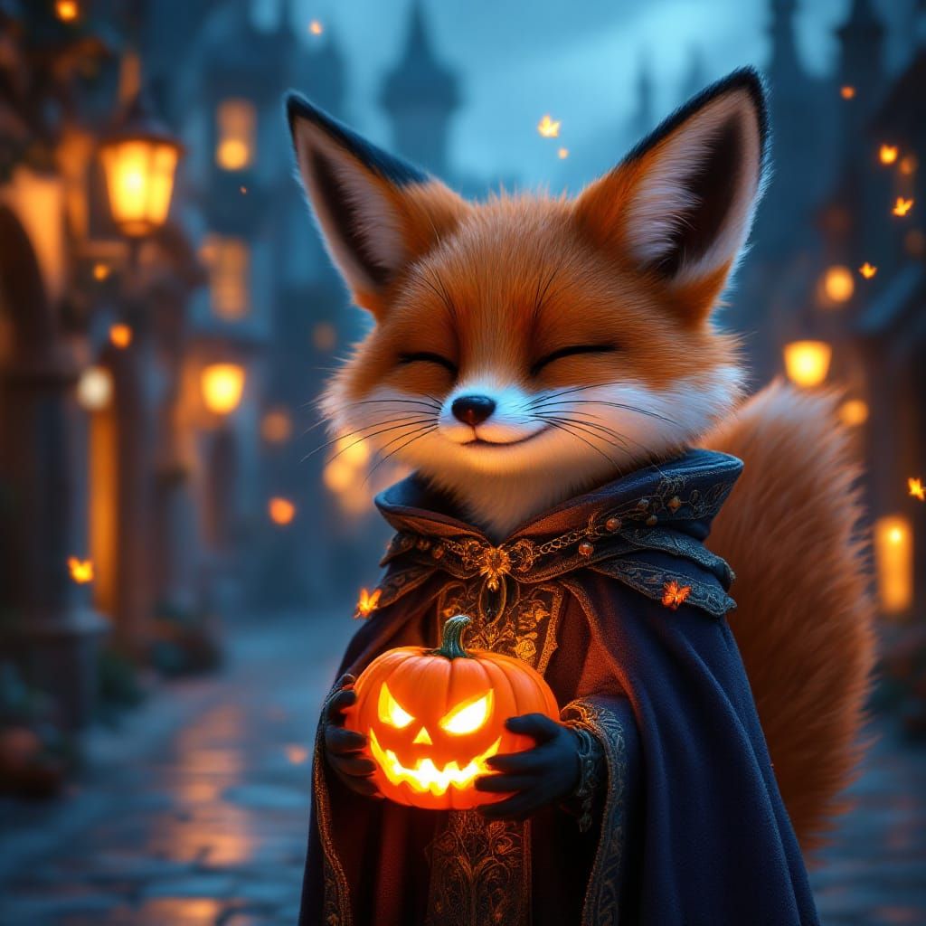 Joyful Fox in Phantom Costume Holding Jack-o'-Lantern