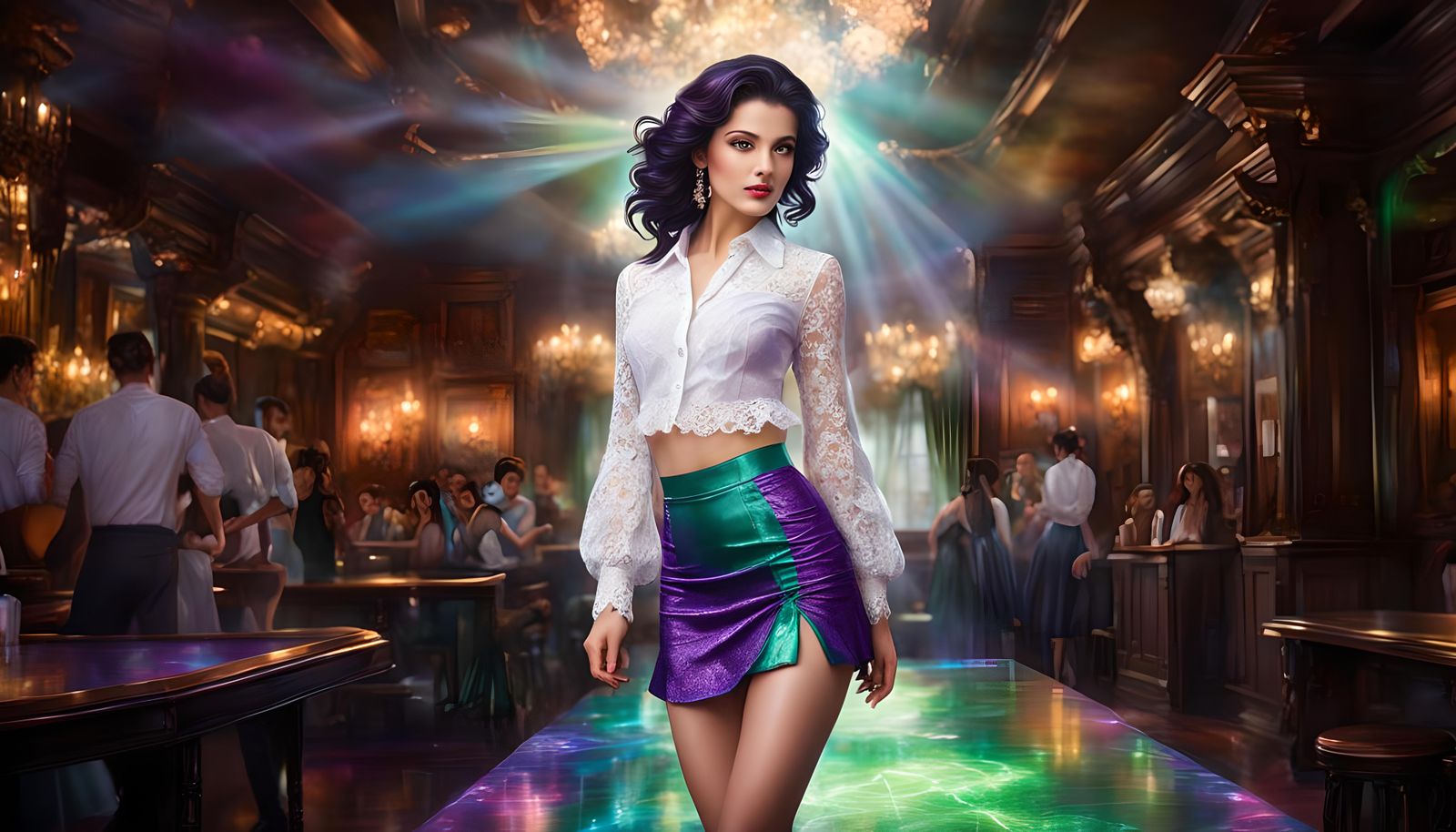 Beautiful Woman on a Colorful Laminated Dance Floor in a Old Bar