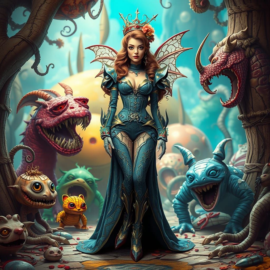 Whimsical Pin-Up with Fantasy Creatures in Dreamlike CGI