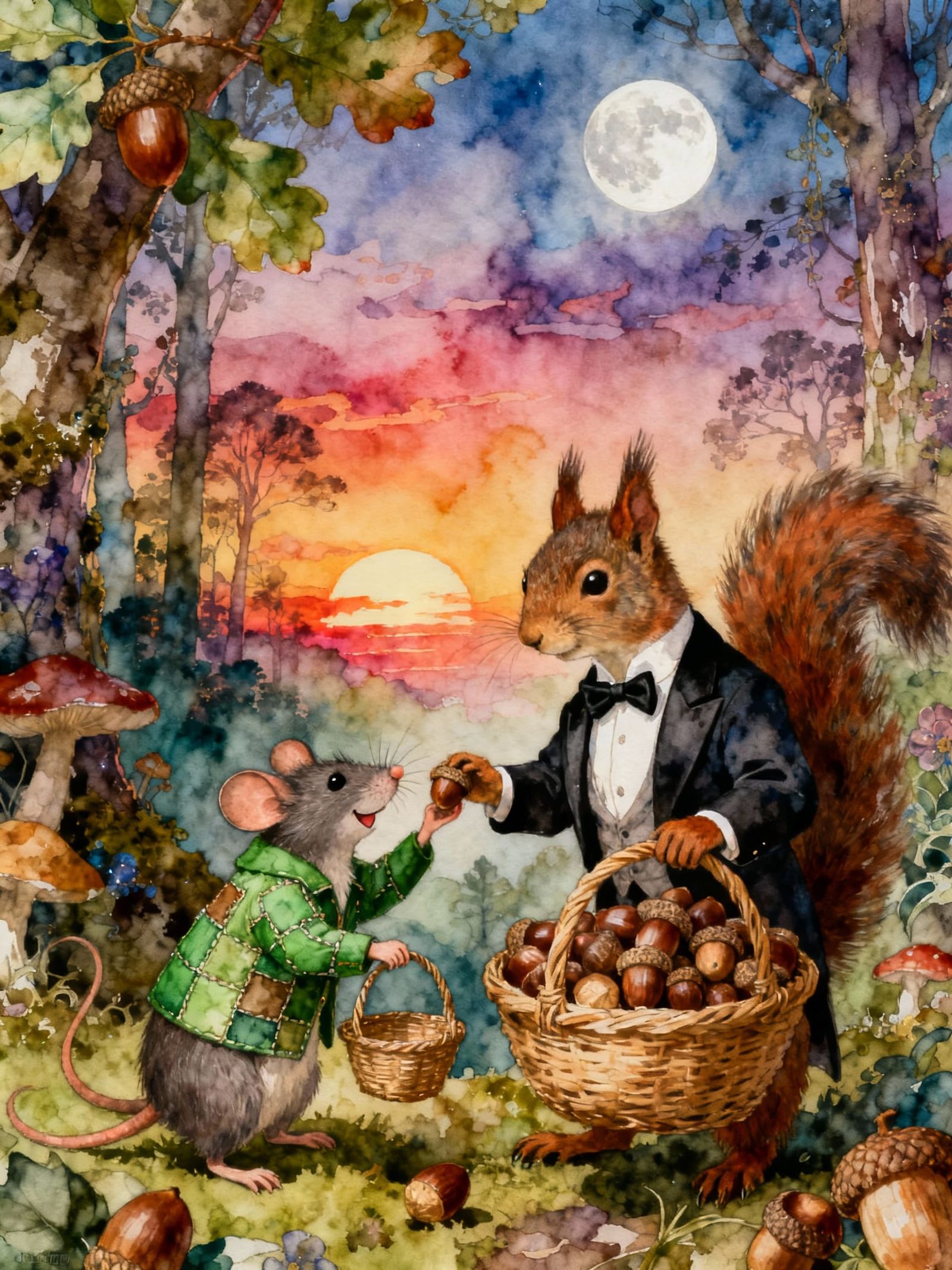 Anthropomorphic Squirrel Shares Acorns with Mouse in Magical...