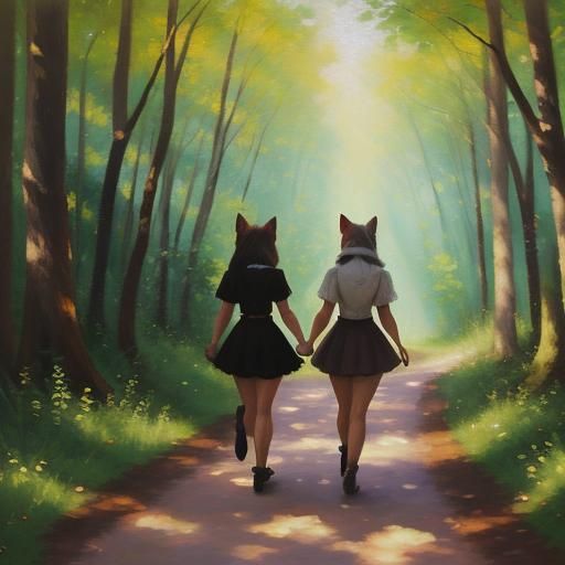 Dog Girl and Cat Girl on Forest Path in Impressionism Style