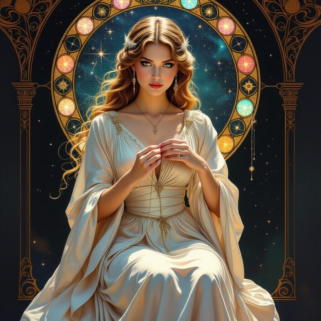Celestial Seamstress Stitching the Cosmos: Art Nouveau Style