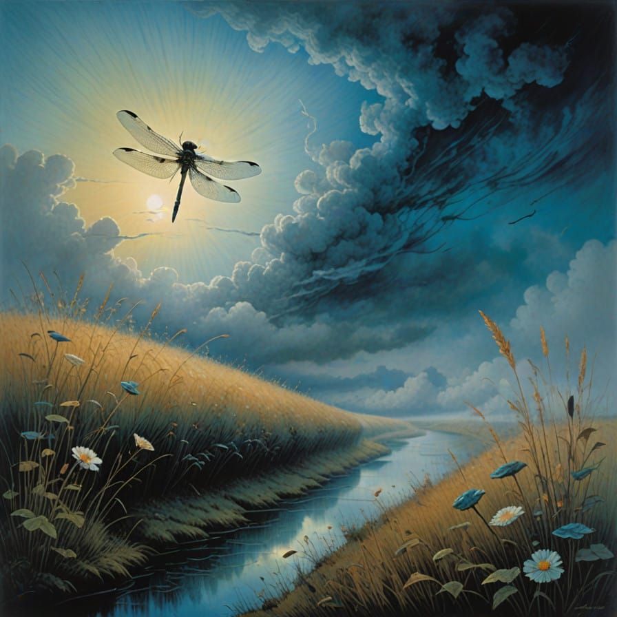 Dreamlike Dragonfly in Whimsical Blue Skies