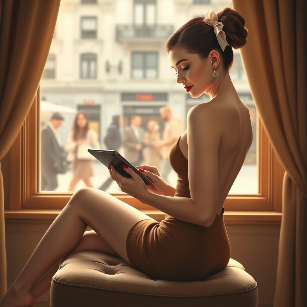 Elegant Woman in Velvet Attire, Browsing Airpad
