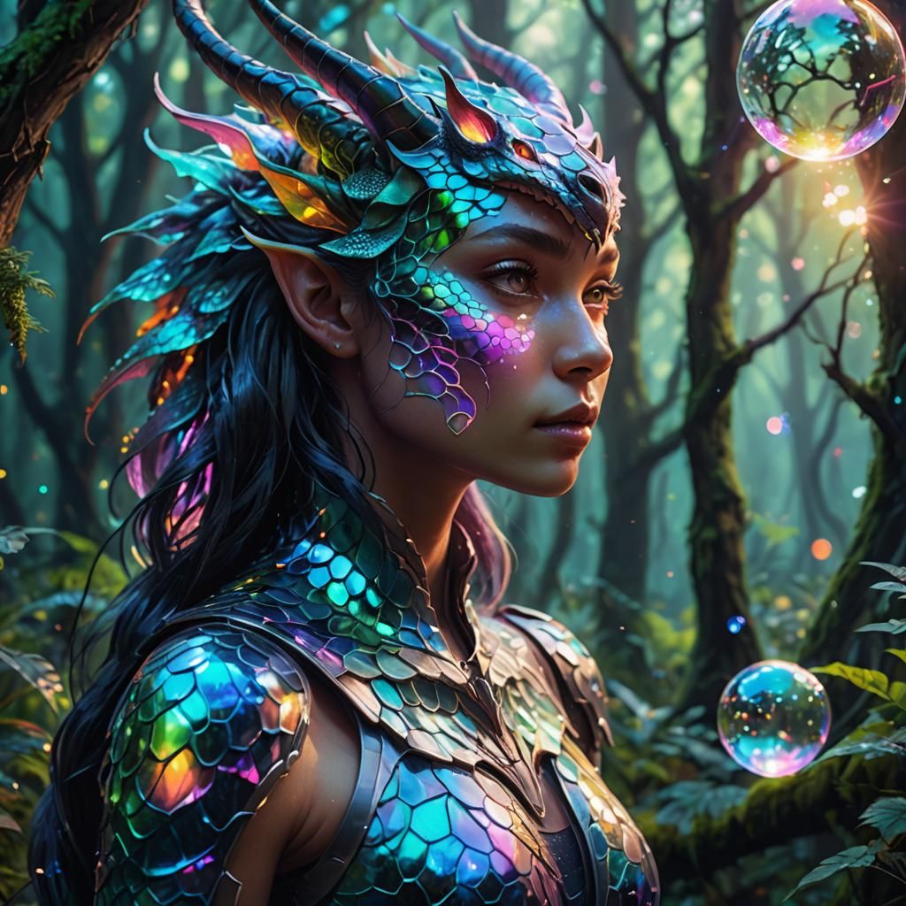 Surreal Holographic Dragoness Gazing at Luminous Forest Scen...