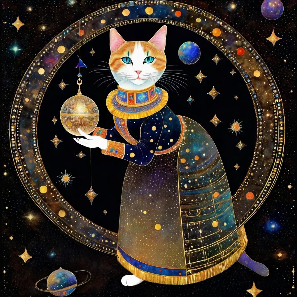 Circus Cat Juggler in Space, Art Nouveau Style