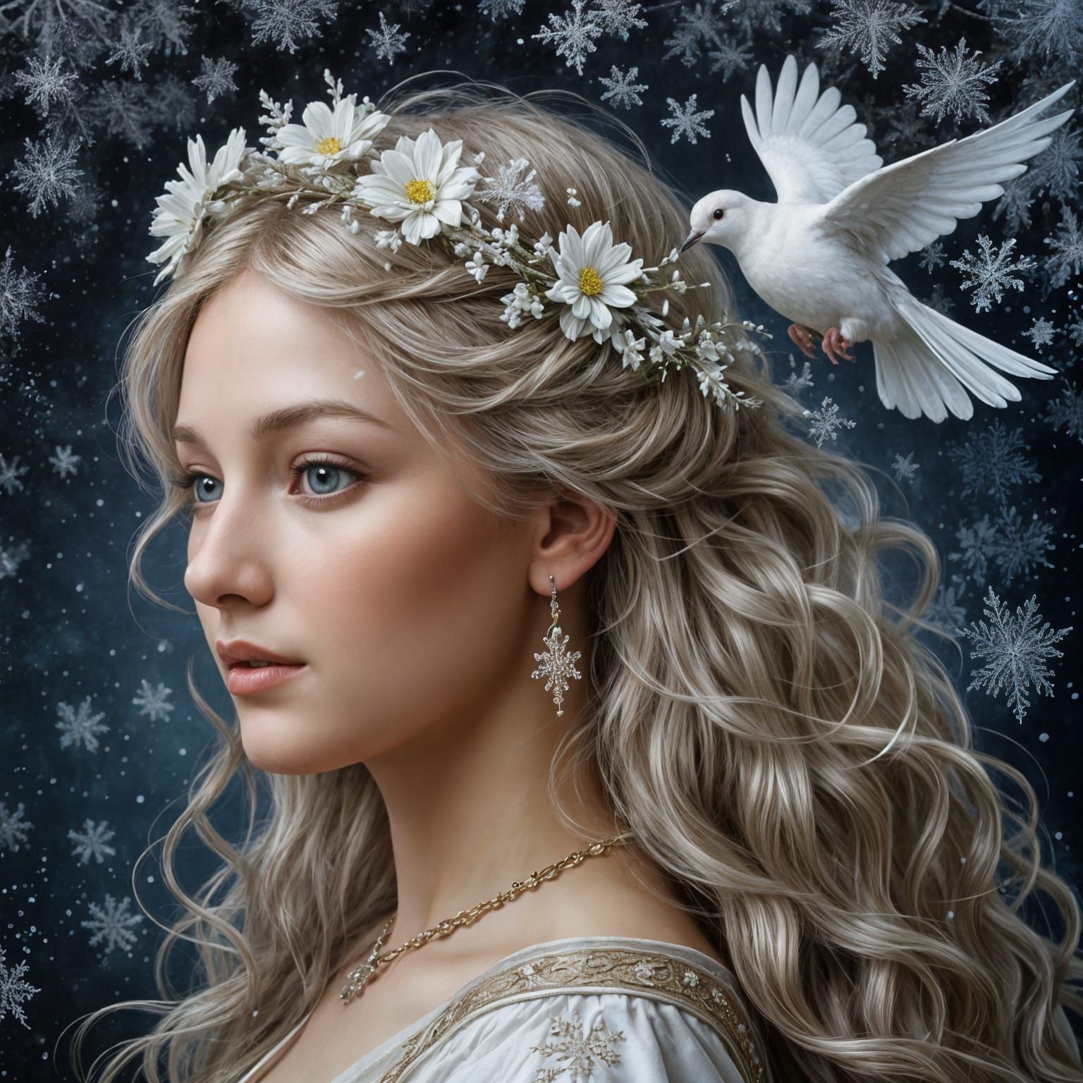 Woman in Winter Wonderland with Dove and Snow